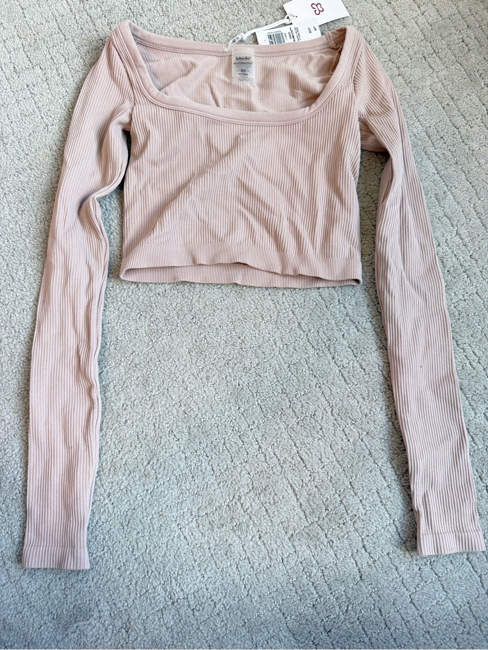 Sunday Best Ribbed Long-Sleeve Square Neck Crop Top - Light Blush